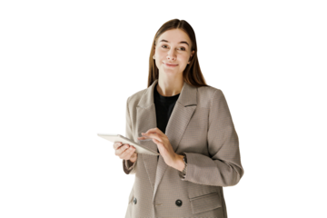 A freelance student woman smiles, looks at the camera, clicks on the tablet screen. The lawyer is working, writing a message in a work chat using a tablet device.