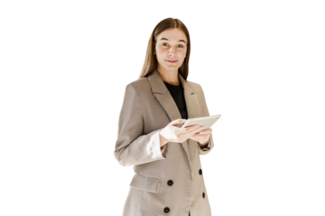 A woman smiling in a jacket uses a tablet. The manager writes a message via the chatbot social network. The concept of an office employee working a job.