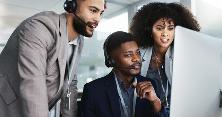 Business people, call center and coaching in customer service, telemarketing or support at office....