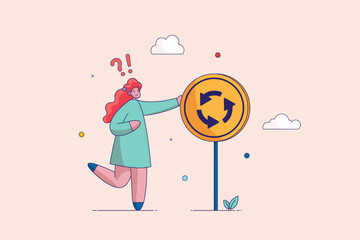 Determination or thinking to find a solution concept. Person stomps in one place, lack of progress. Woman pondering in front of a road sign with signs. Isolated vector illustration.