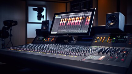 Control Desk, Console Fader View on Professional Audio Sound Mixer in Modern Music Recording Studio.