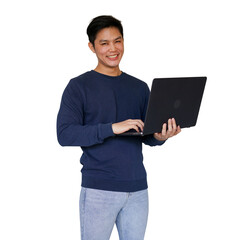 close up young asian freelancer man hold laptop and type while looking isolated on transparent...