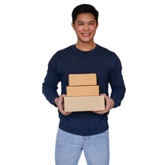 close up young asian man smile and holding boxes after receiving from delivery for design about...