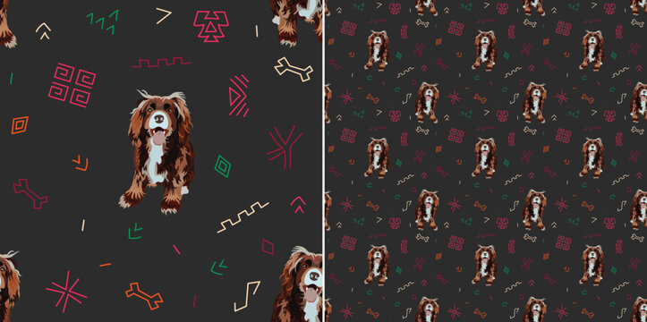 Abstract ethnic pattern with Cocker spaniel, pastel background, juneteenth seamless white pattern with hand-drawn geometric icons. Summer seamless black pattern with dogs and abstract lines.