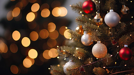 Obraz na płótnie Canvas Close-Up: Christmas Tree with Sparkling Ornaments