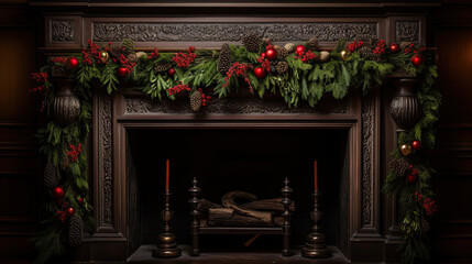 Fireplace mantle with holly berries and stockings