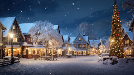 Fototapeta premium Village with Snow-Covered Cottages and Towering Tree