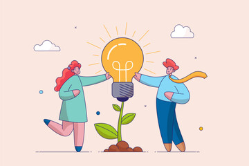 Cultivating idea. Team brainstorming, new idea generation, startup collaboration, idea management, project management, product development, find solution. Isolated flat vector illustration. © shendart
