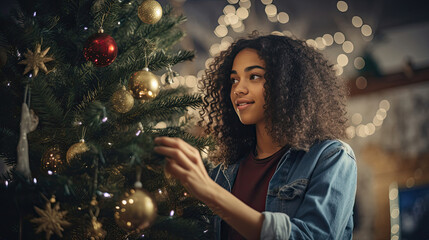 Tree Topper: Woman Adding Angel to Christmas Tree