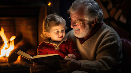 Cozy Storytime: Grandfather & Grandchild by Fire - obrazy, fototapety, plakaty