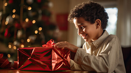 Unwrapping Joy: Boy Discovering Christmas Surprise