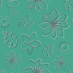 Seamless pattern outline flowers dahlia navy blue elegant delicate