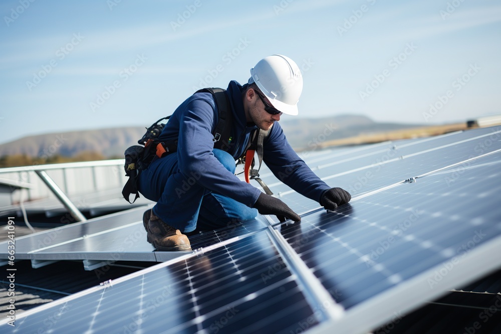 Wall mural Engineer maintaining solar cell panels on the rooftop, Engineer worker install solar panel. Clean energy concept.