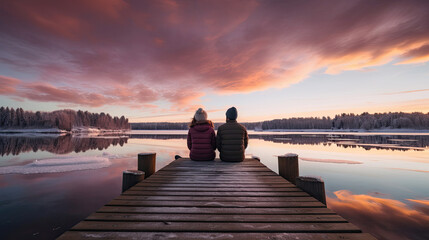 Father and daughter on frozen lake at sunrise