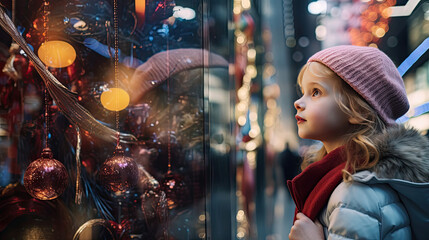 Girl gazes in awe at holiday window display