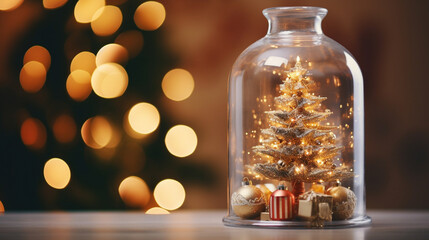 christmas background focused on christmas tree on the beautiful bokeh background. Generative ai