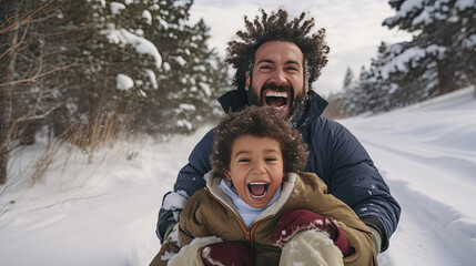 Father and son sled down snowy hillside shouts of joy echo through crisp winter air trees blanketed in snow