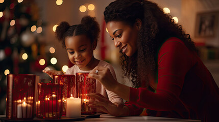Mother and daughter arrange candles creating inviting holiday atmosphere on decorated mantle