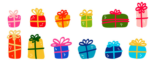 Hand drawn gift box set. Gift for Christmas, birthday, Valentine's day. Flat cartoon colored box isolated on a white background.