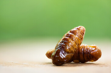 Fried silkworms placed on natural background.