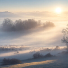 A misty winter morning, the sun hidden behind a thick blanket of fog, casting a mysterious and ethereal glow over the landscape
