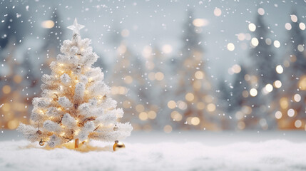 christmas background focused on christmas tree on the white and gold beautiful bokeh background. Generative ai