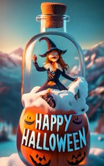 Happy Halloween! A cute witch, hat and broom in hand, conjures smiles while pumpkin lanterns glow. Spooky enchantment fills the night as we celebrate with ghoulish delight.
