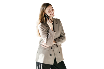 The bank's agent, a polite employee, calls the client. A beautiful, intelligent, kind woman in a business suit talks on the phone with a colleague.