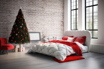 White bedroom with Christmas tree decorated red pillows. Mock up. Luxury hotel for romantic winter weekend. Loft interior and modern design.