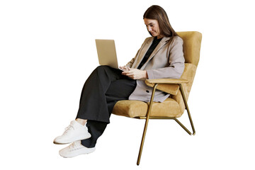 The SMM copywriter manager is a young woman sitting in an online chair using a chat bot in an...