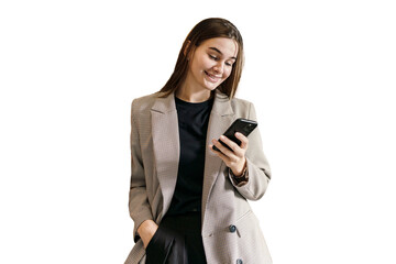 Portrait of a real estate agent uses a phone website and an online application. A woman happy in a...