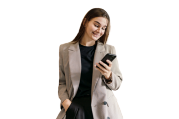 Portrait of a real estate agent uses a phone website and an online application. A woman happy in a jacket is working in an office.