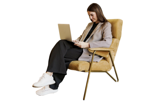The SMM copywriter manager is a young woman sitting in an online chair using a chat bot in an application on a laptop. The designer uses an AI creative person smiling in the office.    Transparent bac