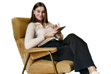 The designer is a creative person smiling in the office. The manager is a young woman sitting in an online chair using a chat bot in an app on a tablet.   Transparent background.