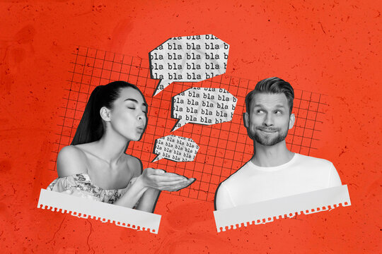 3d creative artwork template collage of funny couple listening gossips isolated orange color background