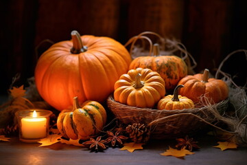 Autumn cozy composition. Pumpkins, candles, fall leaves on wooden table. Autumn, fall, hygge home mood. Halloween theme
