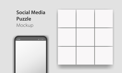 Phone with blank social network puzzle mock up for designs or presentations tape profile. Social media smartphone app page template. Isolated vector Illustration.