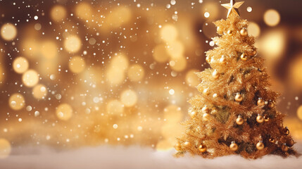 christmas background focused on christmas tree on the white and gold beautiful bokeh background. Generative ai