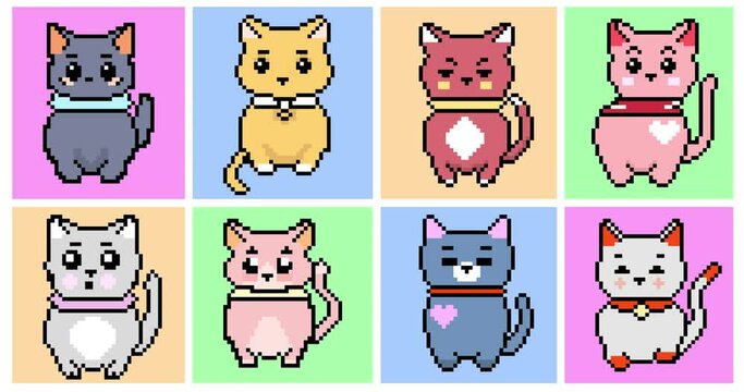 2d pixel animation ,eight pixel cats animate different movements, colored pixel