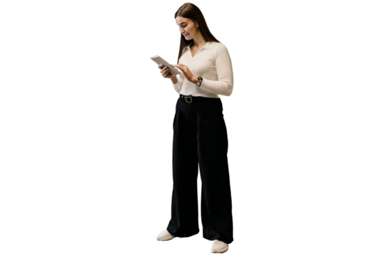 A full-length person, a real estate agent uses a tablet website and an online application in the office. A woman happy in a jacket is working in an office.