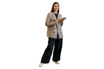 A full-length woman in office clothes uses a tablet in her hands. A young student smiles using a device.  Transparent background.