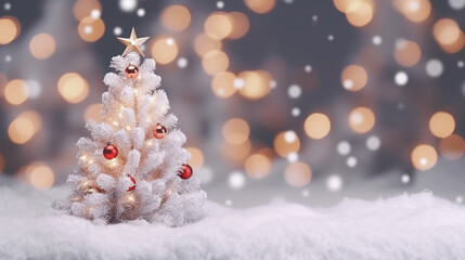 christmas background focused on christmas tree on the white and gold beautiful bokeh background. Generative ai