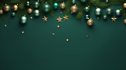 Christmas ornament lay top on green and gold background. Generative ai