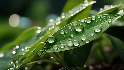 drops of dew on the grass. water drops on a plant. A close-up shot of a raindrop about to fall from a plant. Raindrop on a plant. Raindrops. Rain. Nature. Fresh greenery and pure atmosphere
