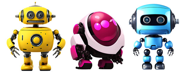 Three cute yellow, red, blue robots are smiling. With a round head and a cubic body on a transparent background.