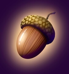 Acorn on a purple background, realistic acorn