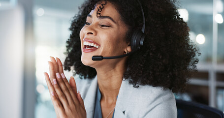 Computer, call center and funny woman in customer service, tech support and talk to contact at help...
