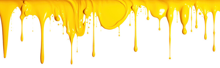 Yellow paint drips and flows down from the top of the picture, isolated - obrazy, fototapety, plakaty