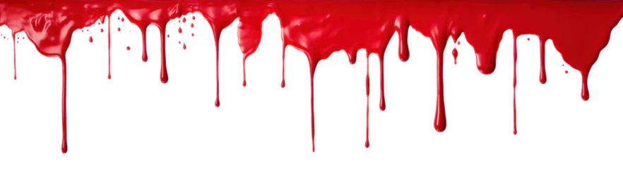 Poster Red paint drips and flows down from the top of the picture, isolated © Teppi
