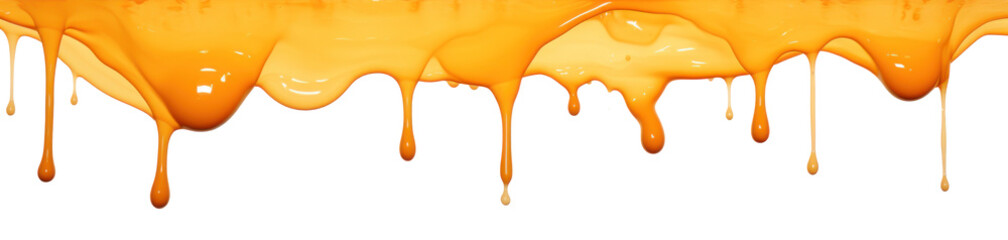 Orange paint drips and flows down from the top of the picture, isolated - obrazy, fototapety, plakaty